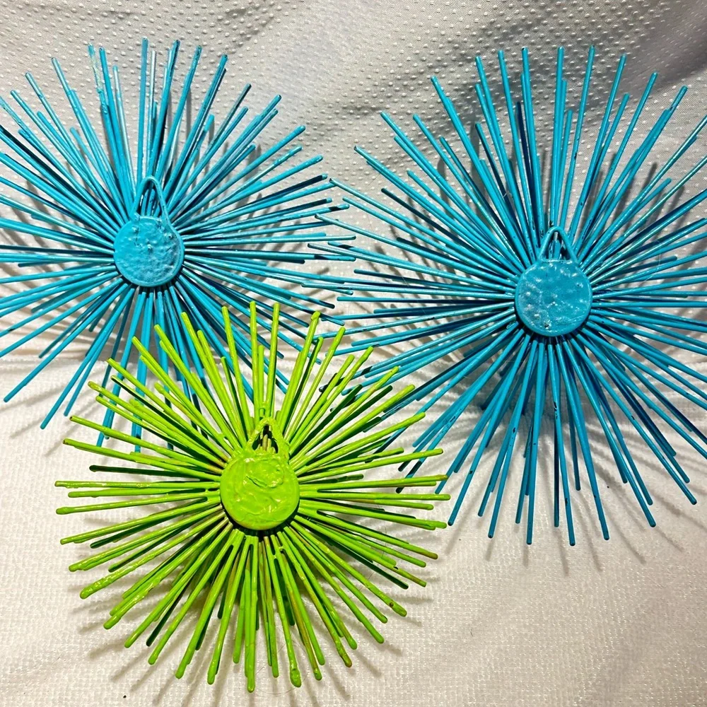 3 Vibrant Blue and Green Metal Sea Urgents Starbursts Wall Decor 60’s style